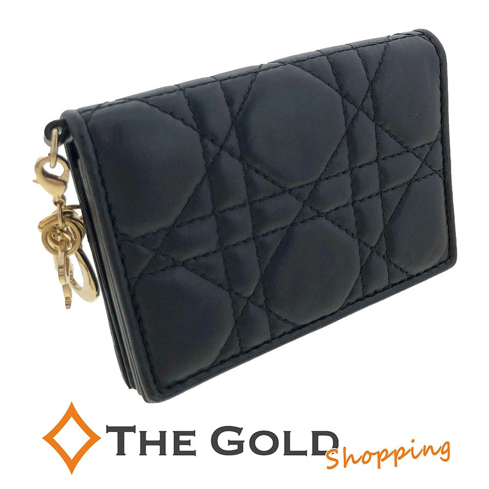 Christian Dior Business Card Holder Cannage Leather Gold Black